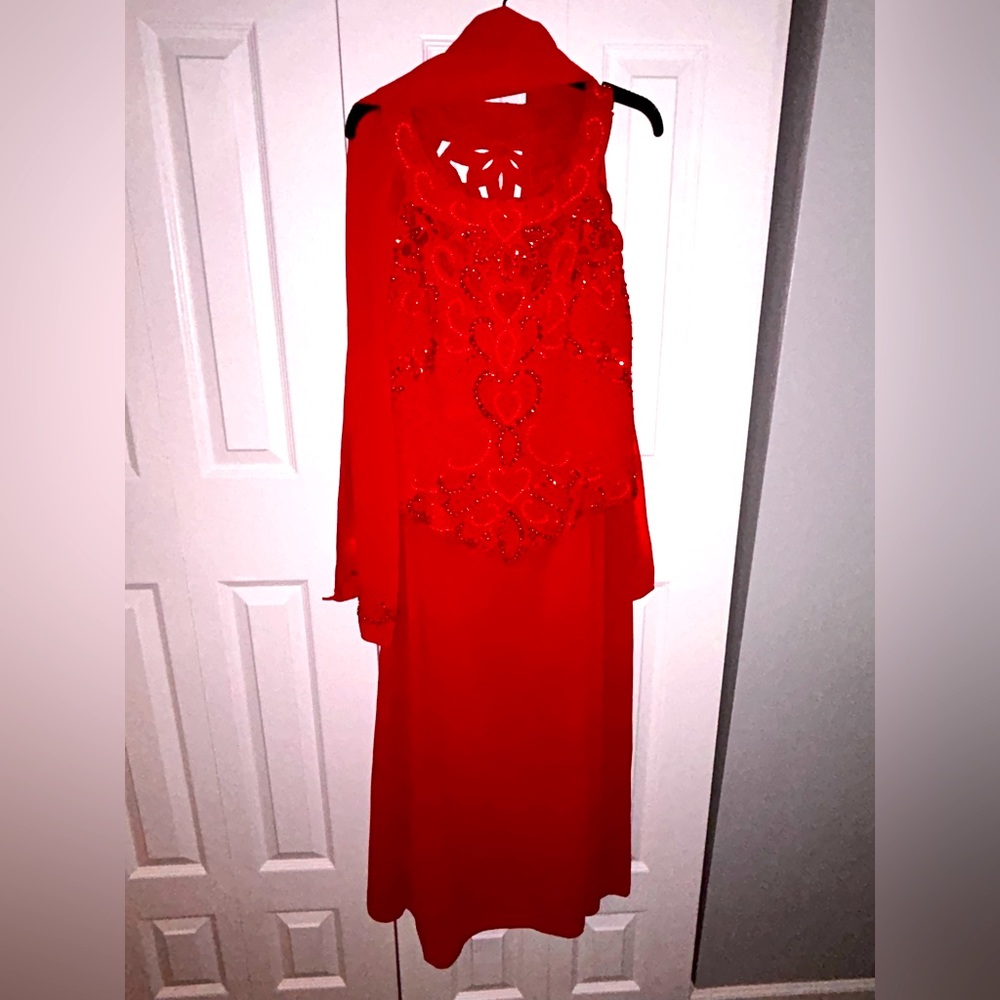 Red Beaded Dress w/ beaded scarf Special occasion dress